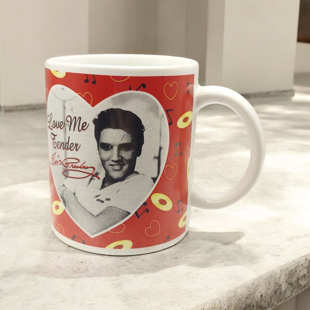 Love Me Tender Elvis Coffee Mug Red and White 3.5" Tall Made in China